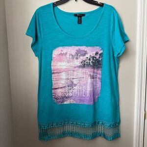 Style & Co Blue Short Sleeve Fringe Trim Graphic Tee Shirt